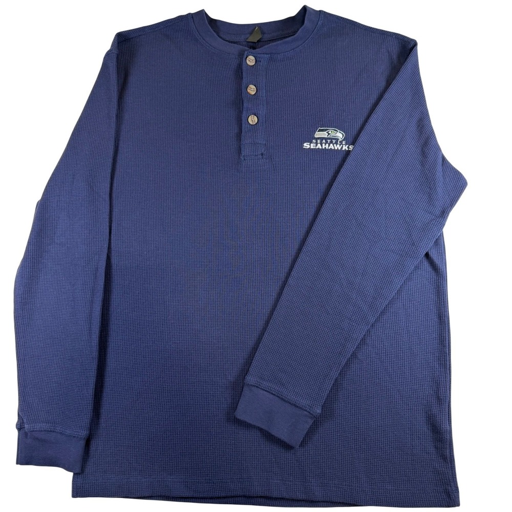 Dunbrooke Seattle Seahawks Mens Large Navy Blue Waffle Knit Henley Shirt NFL